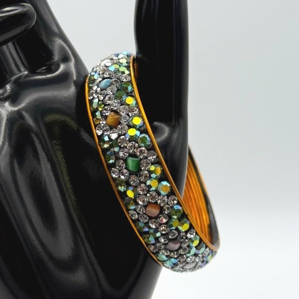 Vintage Multi-Color Rhinestone Crystal Bangle Bracelet Gold Tone Costume Y2K 90s